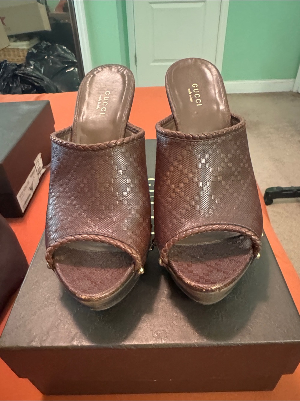 Gucci Brown Woven Leather Open-Toe Platform Mules